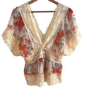 Aggie Y2K Floral Lace Babydoll Blouse Small Sheer Festival Fairy Grunge Coquette